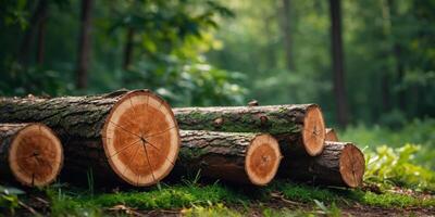 A stack of logs with a green leaf in the background. photo