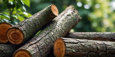A stack of logs with a green leaf in the background. photo