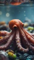 Octopus Struggling in a Sea of Plastic Pollution. photo