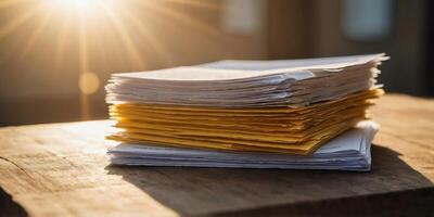 A stack of papers with a bright yellow sun shining on them. photo