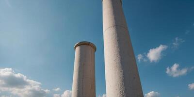 A tall white column with a blue sky in the background. photo
