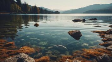 Clear lake with submerged rocks visible beneath. photo