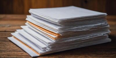 A stack of white papers on a wooden table. photo