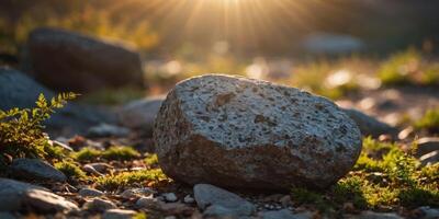 A rock is on the ground with a bright sun in the background. photo