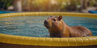A brown capybara is sitting in a yellow inflatable pool with a straw in a glass. photo
