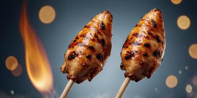 Three pieces of grilled chicken are on sticks. photo