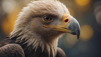 Closeup of the face of a vulture or eagle with yellow beak. photo