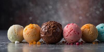 several ice cream balls of different colors and flavors stacked vertically on a cone. photo
