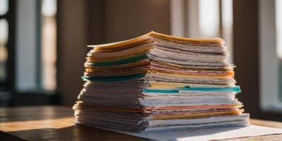 A stack of papers is piled on a table with the sun shining on them. photo