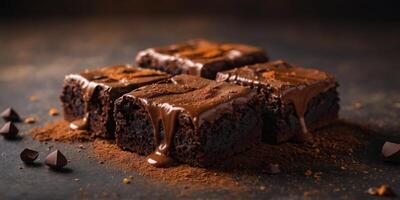 Three brownies are on a table with a pile of chocolate powder. photo