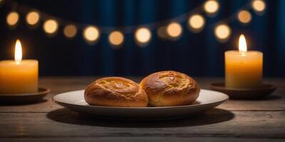 A plate with a bread roll on it with a candle in the background. photo