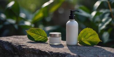 A bottle of lotion sits on a stone ledge next to a leaf and a jar. photo