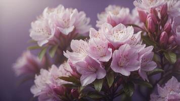Delicate Pink Rhododendron Blossoms on Soft Violet Background. photo