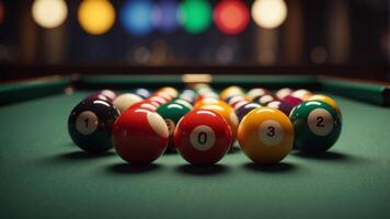 Colorful billiard balls with numbers with cue sticks and rack on green table. photo