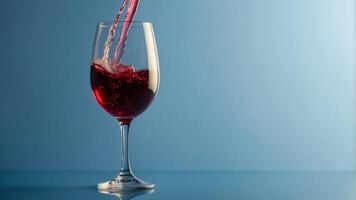 Wine pouring in wineglass on a blue background. photo