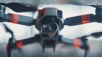 In this closeup the propellers appear to be in motion their blurred edges indicating the speed at which they spin. The sy metal shafts that connect them to the body of the drone ar photo