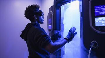 A the adjusts the settings on the cryotherapy machine as a client stands inside wearing thick gloves and socks to protect their extremities from the freezing temperatures photo