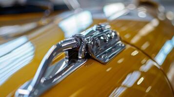 A macro image of a hood latch on a race car showcasing the lightweight yet strong materials used for highspeed performance photo