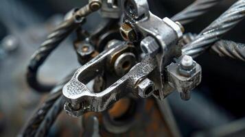 A macro shot of the parking brake cable displaying the intricate inner workings and mechanics of the system photo