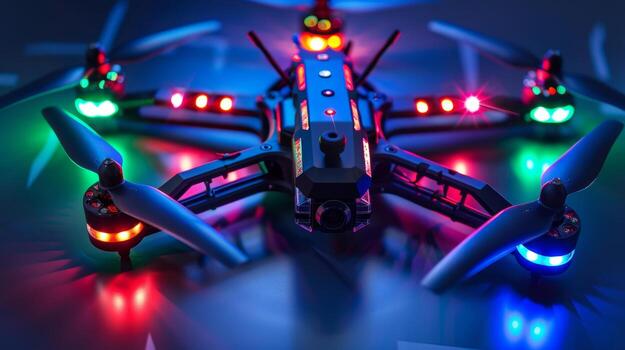 The propellers of the drone are adorned with colorful LED lights emitting bright flashes in a predetermined pattern. This not only adds a cool aesthetic but also helps with navigatio photo