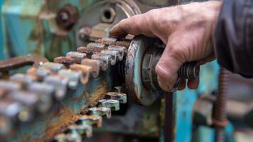 Detailed image of a drive belt tensioner with a hand adjusting the tension to ensure proper placement photo