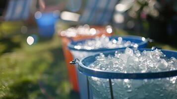 A makeshift ice bath set up in a backyard with buckets of ice and cold water ready for the next challenger photo