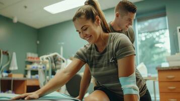 A person stretching with the help of a the after a session of cold therapy photo