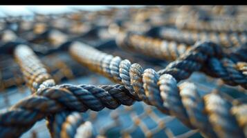 Thin but sy steel cables crisscross under the cargo net creating a supportive framework. They are ly visible but provide essential structure and strength to the net photo