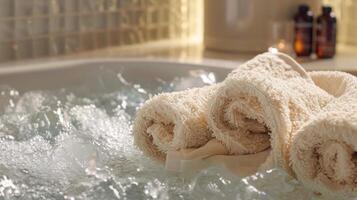 A cozy towel waiting on the side of an ice bath ready to wrap a refreshed and relaxed body after a dip in an essential oilinfused ice bath photo