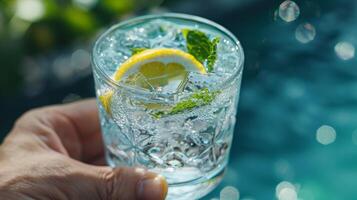 A closeup image of someones hand holding a cup of ice water with a lemon wedge and mint leaves floating on top photo