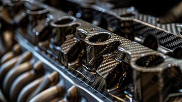 A detailed shot of an engine block made from carbon fiber known for its strength and light weight properties photo