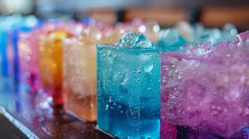 A row of colorful ice baths each labeled with different mental states such as focus and calm promoting the use of cold water immersion for mental clarity photo