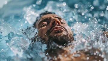 A person taking a deep breath and embracing the chill of an ice bath practicing mindfulness and promoting mental wellbeing photo