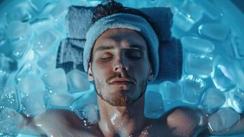 A man laying in an ice bath with a towel dd over his head to block out distractions photo