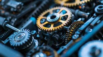 Closeup of a drive belt cover revealing the intricate network of gears and drive belt placement beneath it photo