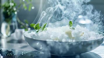 Aromatic steam rising from an ice bath infused with eucalyptus essential oil filling the air with a soothing scent photo