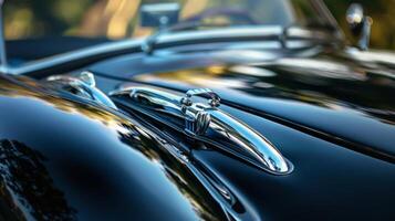 A detailed shot of a hood latch on a convertible car with a sleek and streamlined design to match the vehicles style photo