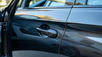 A side view of a parking brake handle and its placement near the drivers door with the open door slightly visible in the background photo