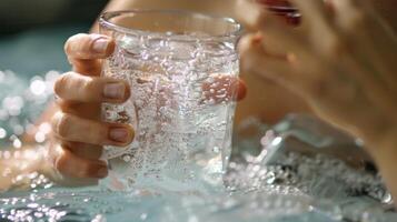 A person holding a glass of cold water taking quick sips in between dips in the ice water during a cold water therapy session photo