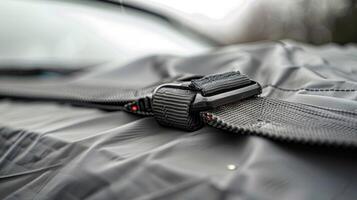 A closeup of the buckle and s system used to secure a car cover in place during strong winds photo