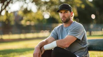 A baseball pitcher sitting on a bench holding a cold therapy compression wrap on his throwing arm to reduce inflammation and promote healing photo