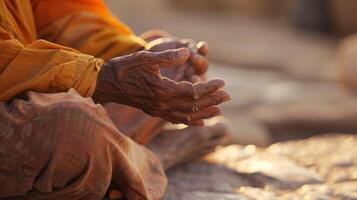 The meditators hands rest gently on their knees exuding a sense of peace and stillness even amidst the extreme temperature photo