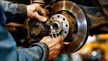 Closeup of a wheel bearing being inspected by a mechanics hand using a special tool to check its rotation and movement photo