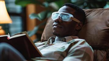 A client sitting in a recliner reading a book while wearing a soothing cold gel eye mask photo