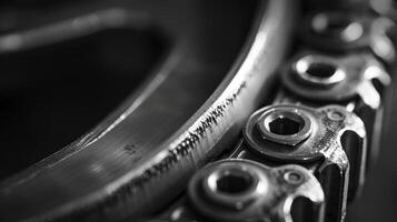 A black and white image of a motorcycle wheel bearing showcasing its intricate grooves and patterns in striking detail photo