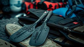 A pair of swim paddles with adjustable ss sit on top of a pile of cold water swim gear ready to be used for strength and resistance training photo