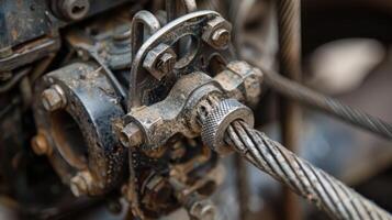 A detailed image of a cablepull parking brake with multiple cables and pulleys visible for a complex and effective braking mechanism photo