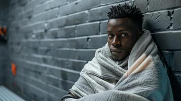 A track and field athlete sitting on a bench wrapped in a thermal blanket after completing a series of cryotherapy sessions to aid in muscle recovery photo