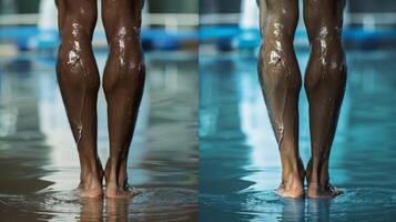 A before and after image of an athletes swollen battered legs next to their rejuvenated and relieved legs after an ice bath photo