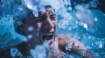 A person emerging from an ice bath with a towel wrapped around their body their face expressing a mix of pain and exhilaration photo